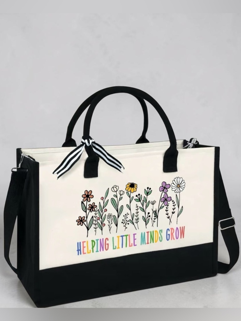 Canvas Tote Bag "Helping Little Minds Grow" -‎ Floral Print